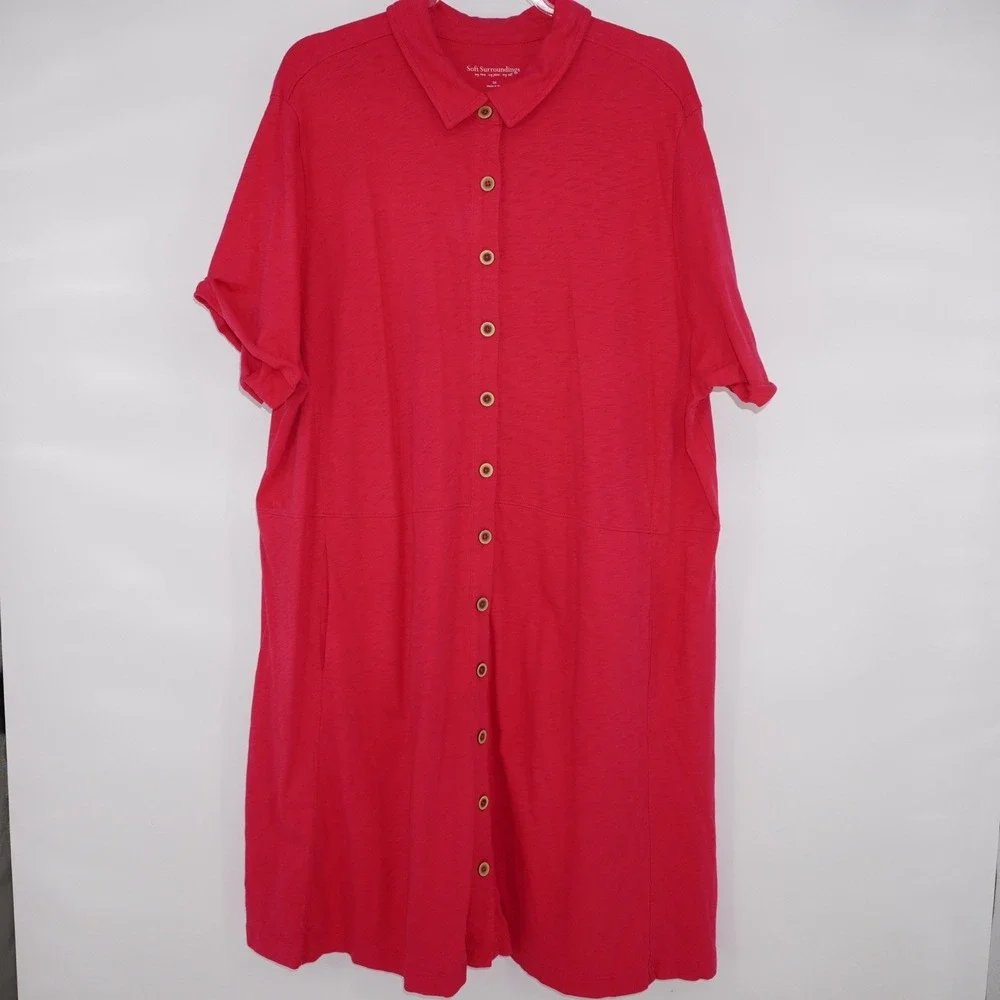 Soft Surroundings Womens 3X Button Down Hot Pink Dress‎ Short Sleeve Lagenlook
